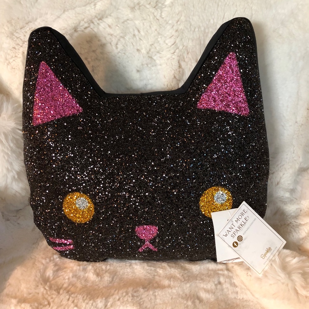 Black Cat Rhinestone Pillow by Sparkles Home, Pink Ears, Nose & Whiskers, NWT
